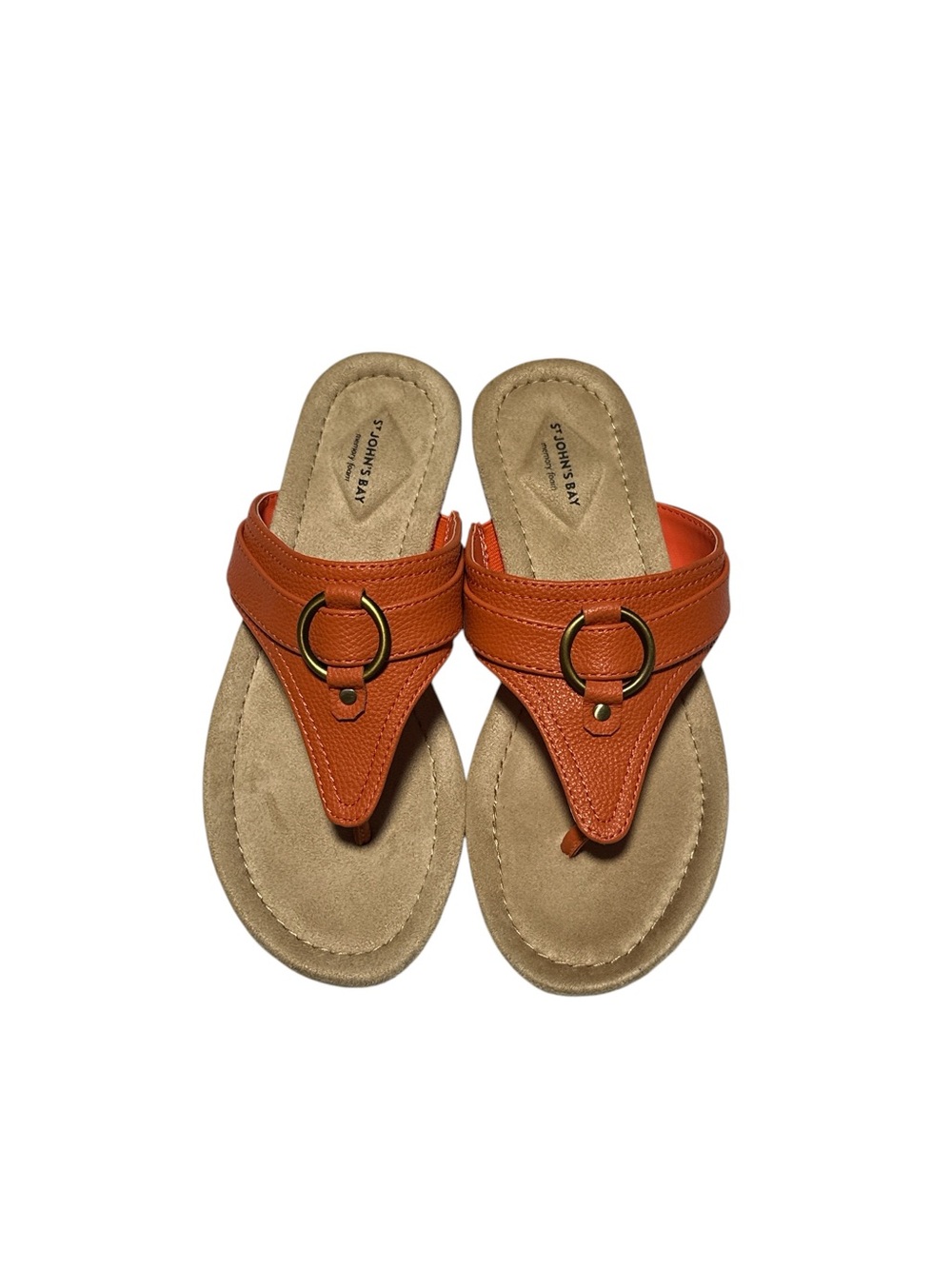 NWOT, St. John's Bay Memory Foam Orange Thong‎ Sandals with Gold Ring Detail